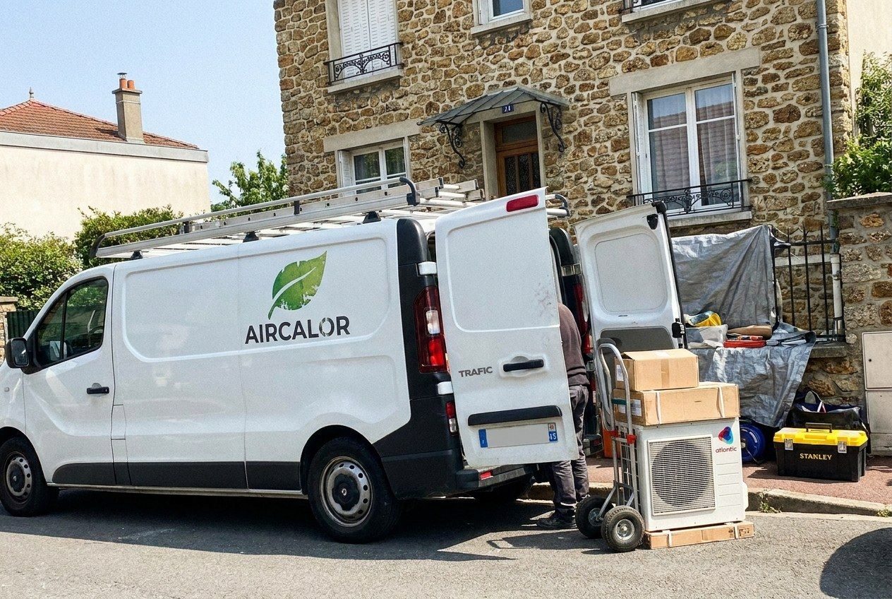 Utilitaire Aircalor ouvert devant une maison en meulière, unité Atlantic sur un diable