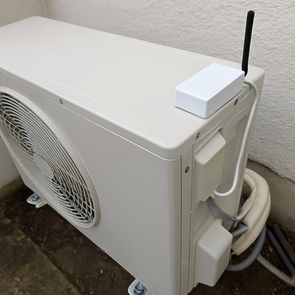 Petit boîtier blanc avec antenne fixé sur le capot d'une unité extérieure