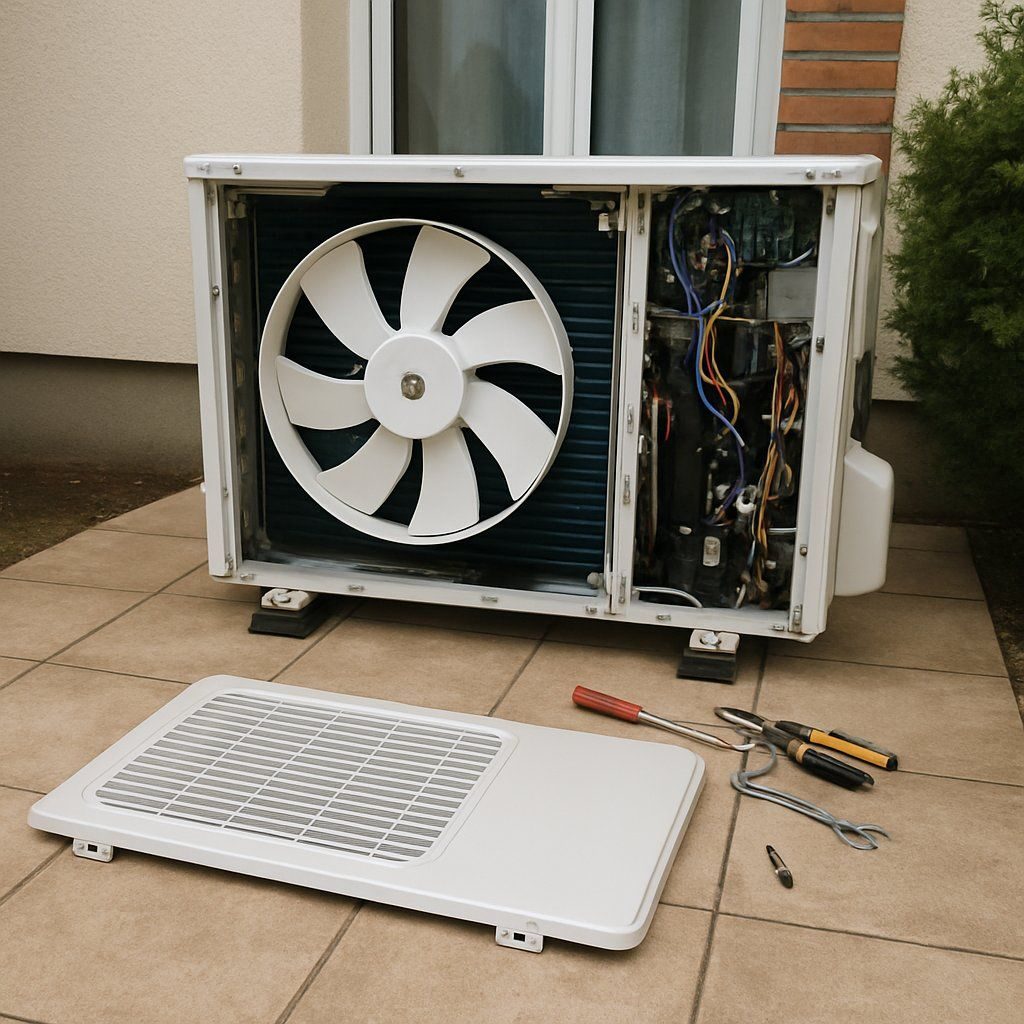 Unité extérieure capot déposé, ventilateur et carte électronique visibles, outils au sol