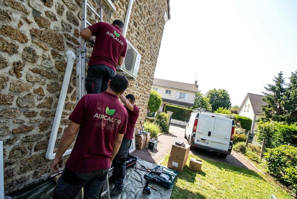 Trois techniciens Aircalor posent une unité murale sur une façade en meulière