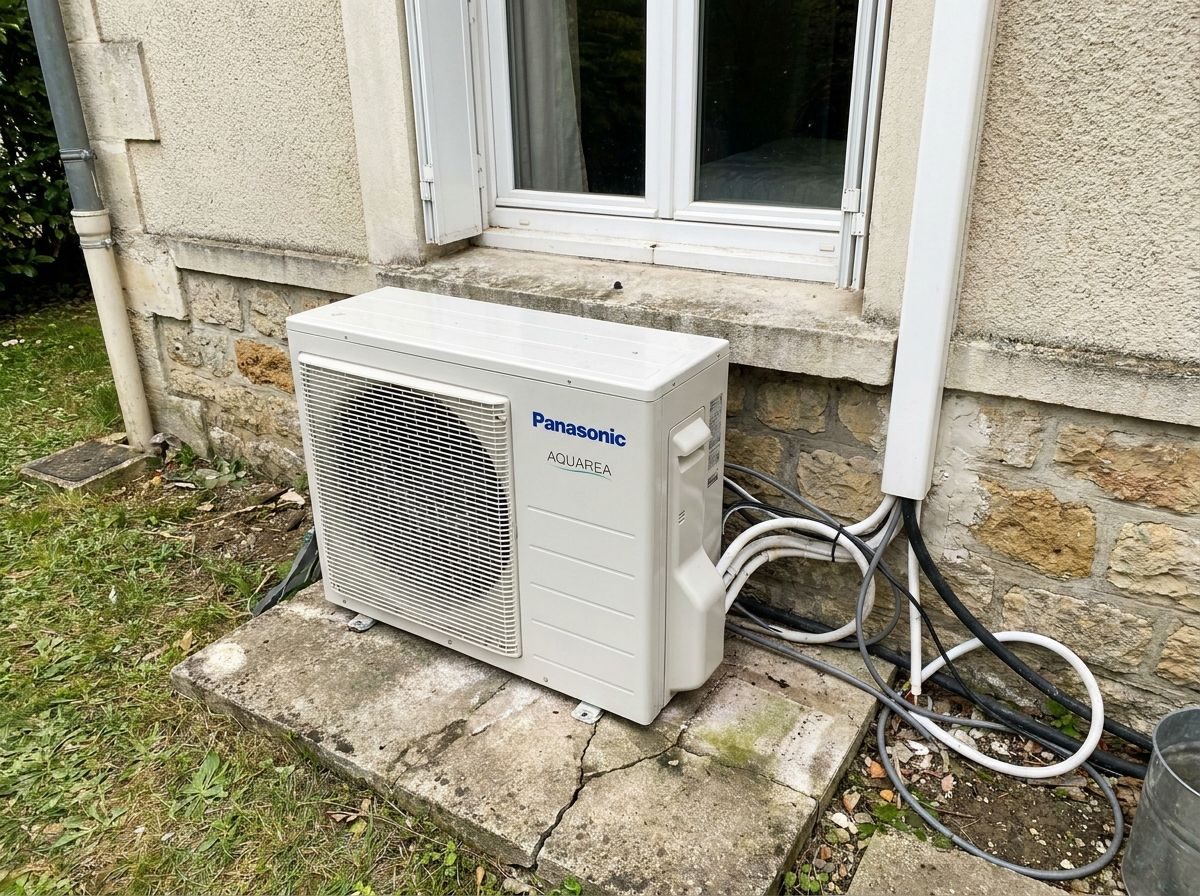 Unité Panasonic Aquarea coincée sous une fenêtre de chambre, sur une dalle fissurée