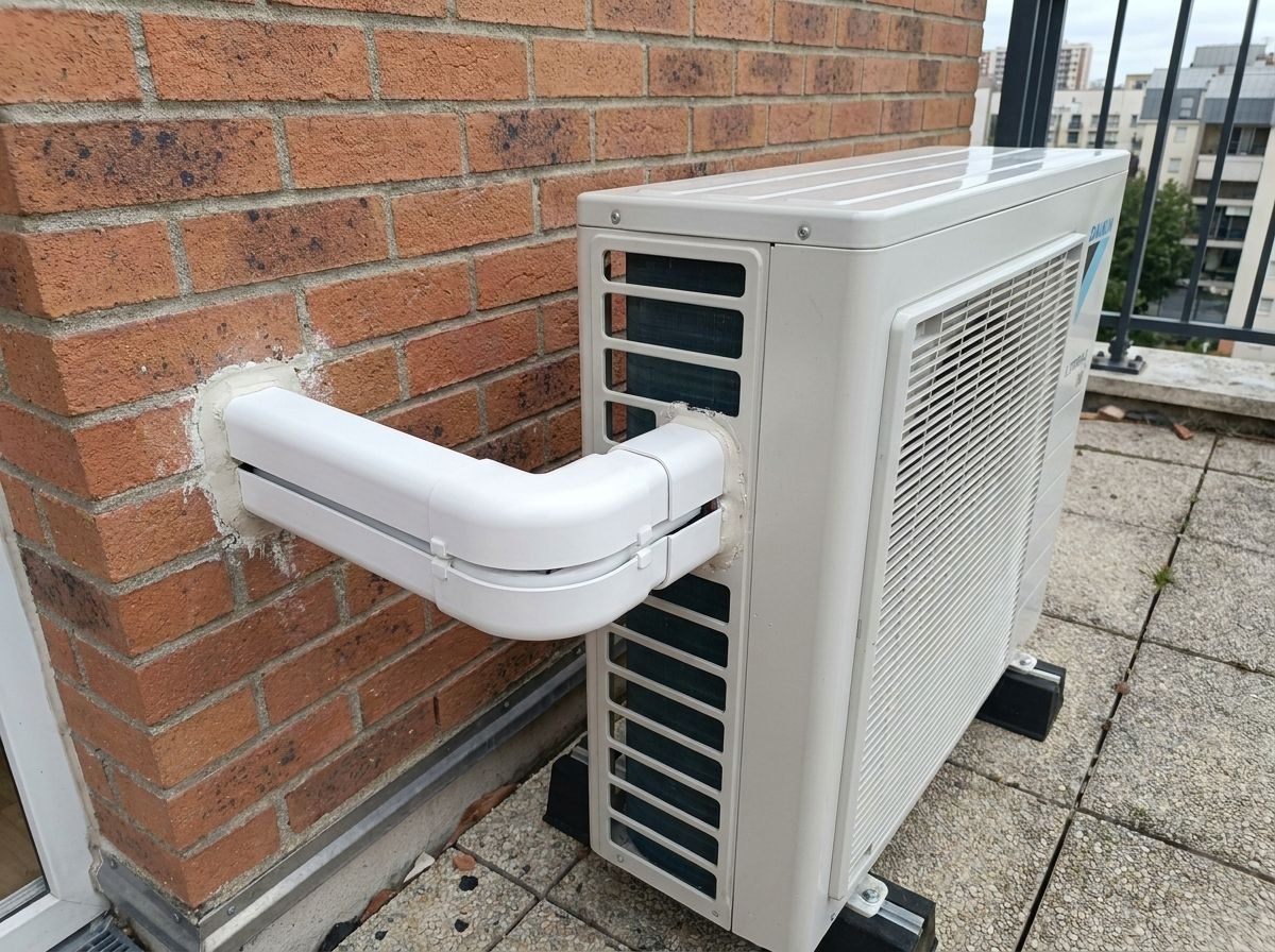 Liaisons frigorifiques protégées dans une goulotte blanche jusqu'à l'unité Daikin